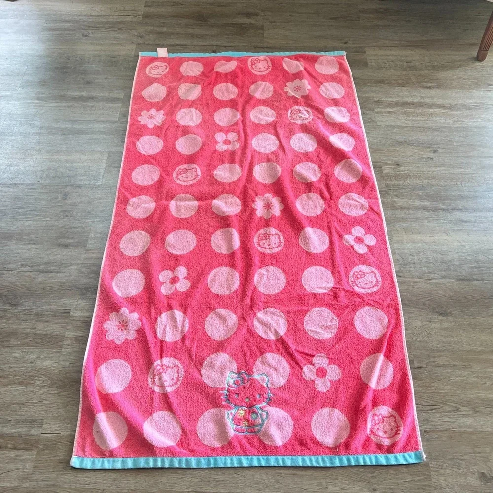Hello Kitty Beach Towel 2013 Sanrio Pink Polka Dot Cotton 32 x 59.5